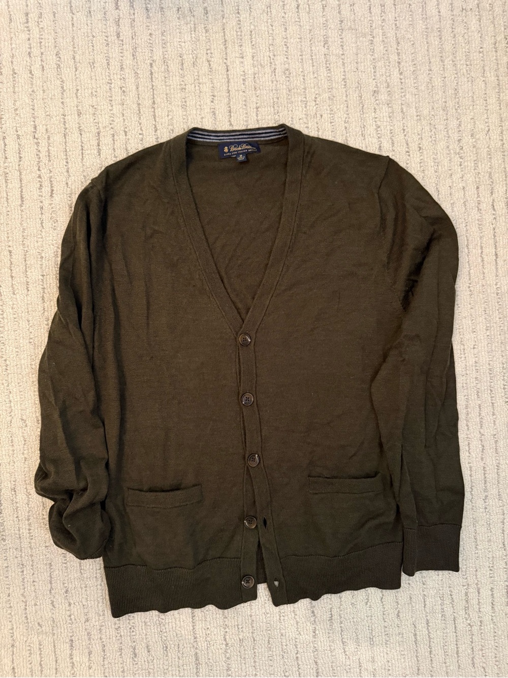 Brooks Brothers Men’sMedium-Merino Olive Green V-Neck Button Cardigan Sweater